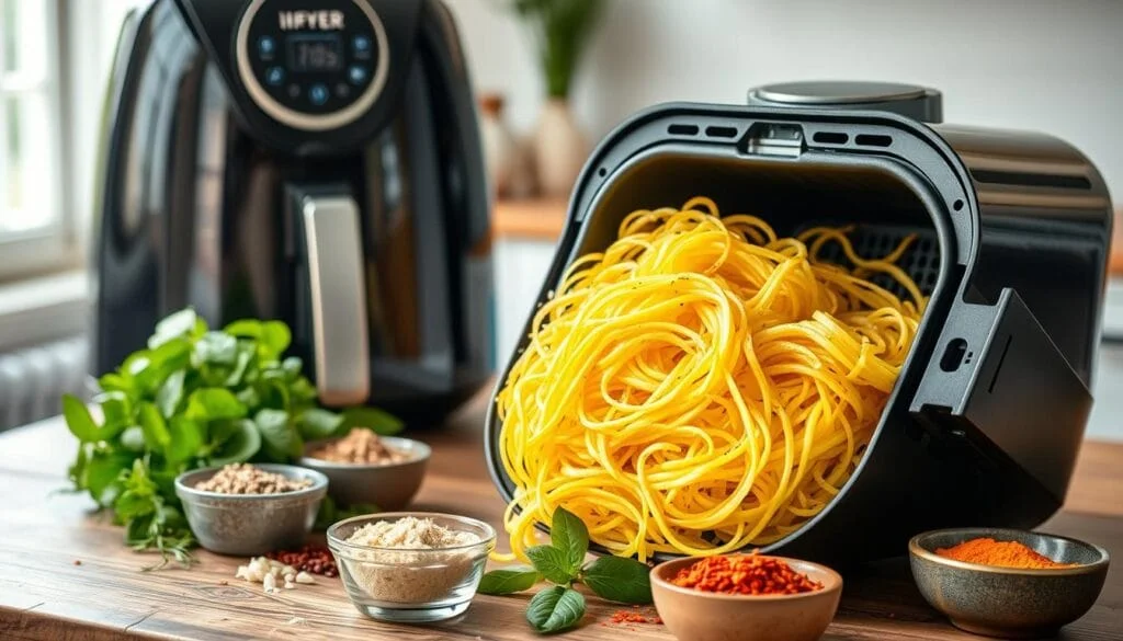 Ingredients for air fryer spaghetti squash, including squash halves and seasoning.
