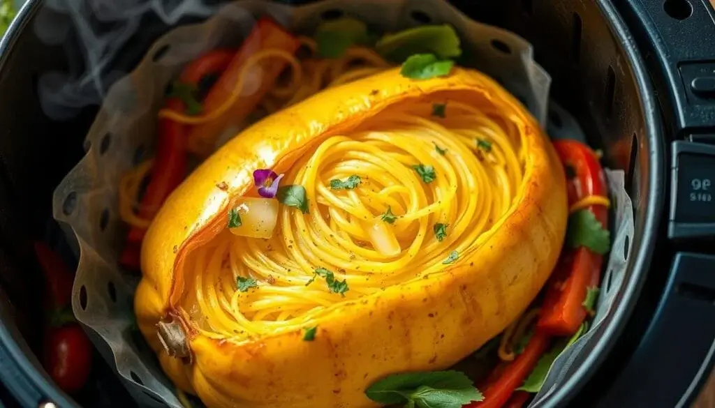 Air fryer spaghetti squash cut in half with seeds removed, ready for cooking.