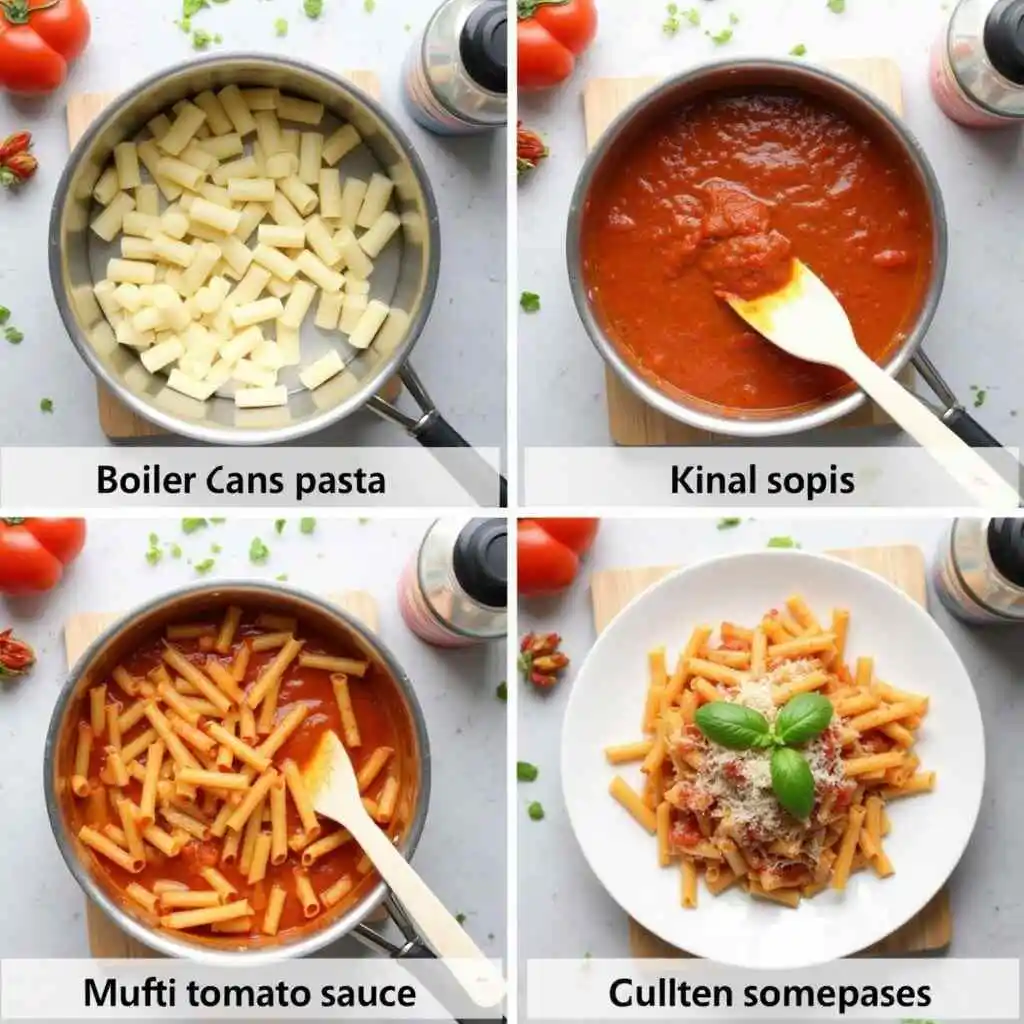 steps for Mutti pasta sauce simmering in a saucepan with a wooden spoon, ready to be served with pasta
