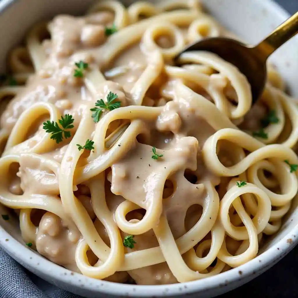 Dairy-free Alfredo sauce served with gluten-free pasta.