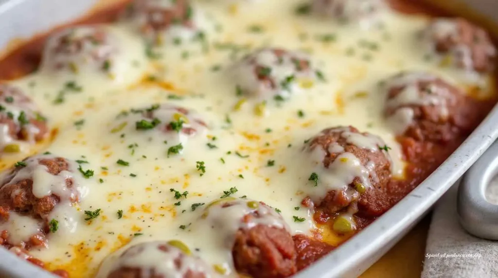 A casserole dish filled with baked spaghetti and meatballs fresh out of the oven.