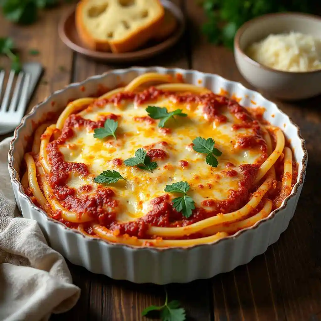 Close-up of baked spaghetti with cream cheese, marinara sauce, and shredded cheese, served with garlic bread on the side.
