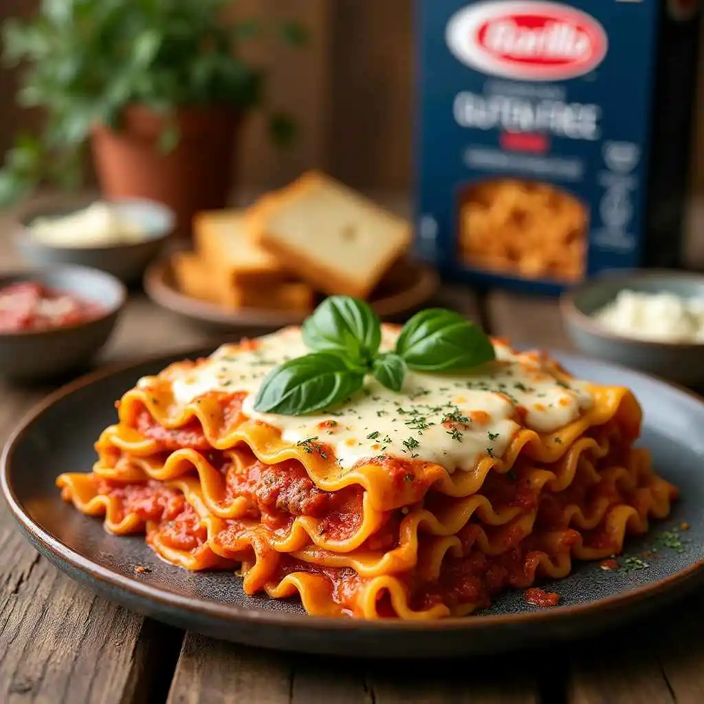 A bowl of Barilla gluten-free pasta topped with marinara sauce, fresh basil, and grated parmesan cheese.
