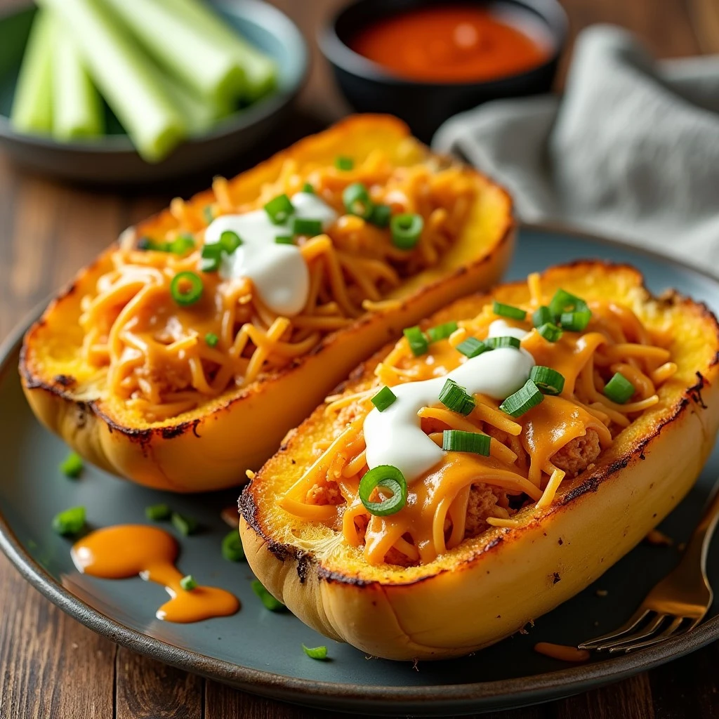 Close-up of spaghetti squash boats filled with shredded buffalo chicken and a drizzle of ranch dressing.
