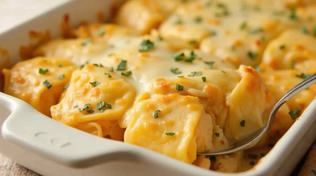 Golden-brown lasagna roll-ups filled with shredded chicken and Alfredo sauce.
