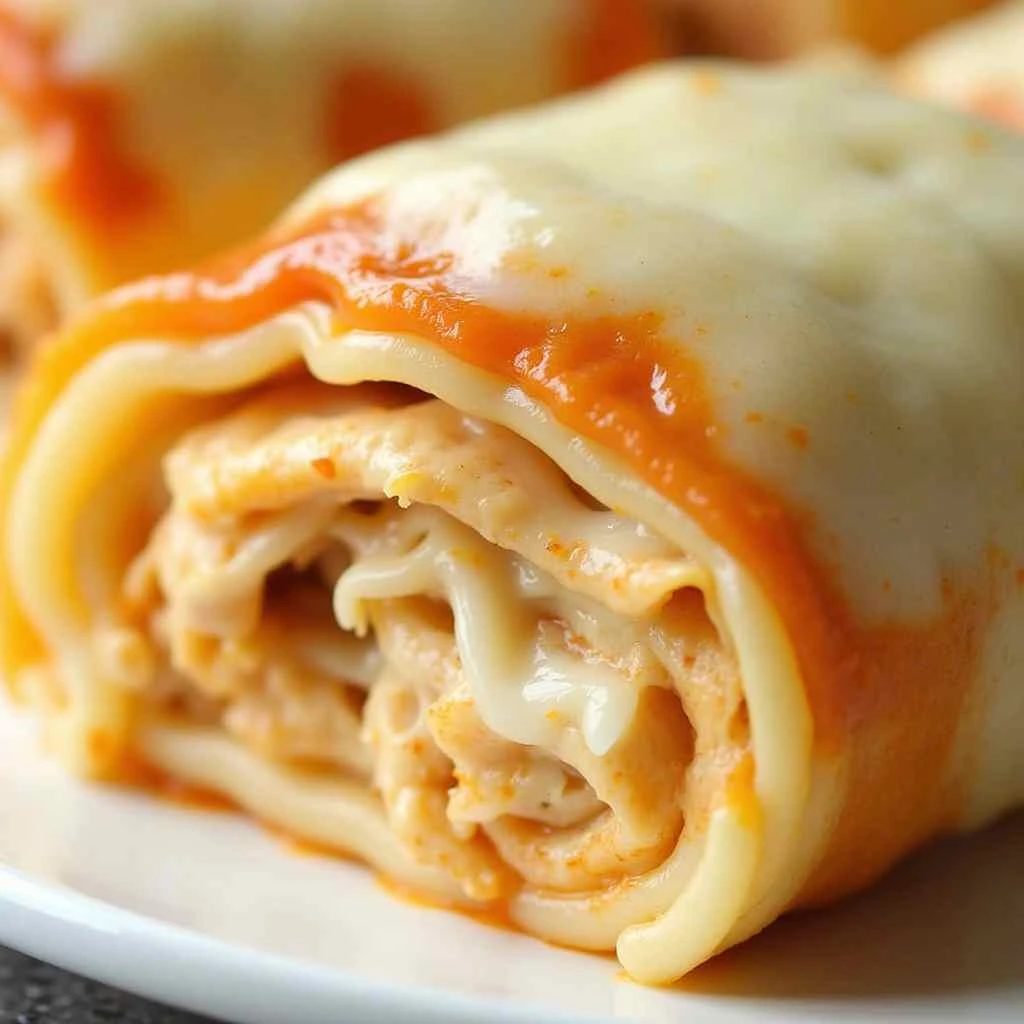 Baked chicken Alfredo lasagna rolls topped with creamy sauce and melted cheese.
