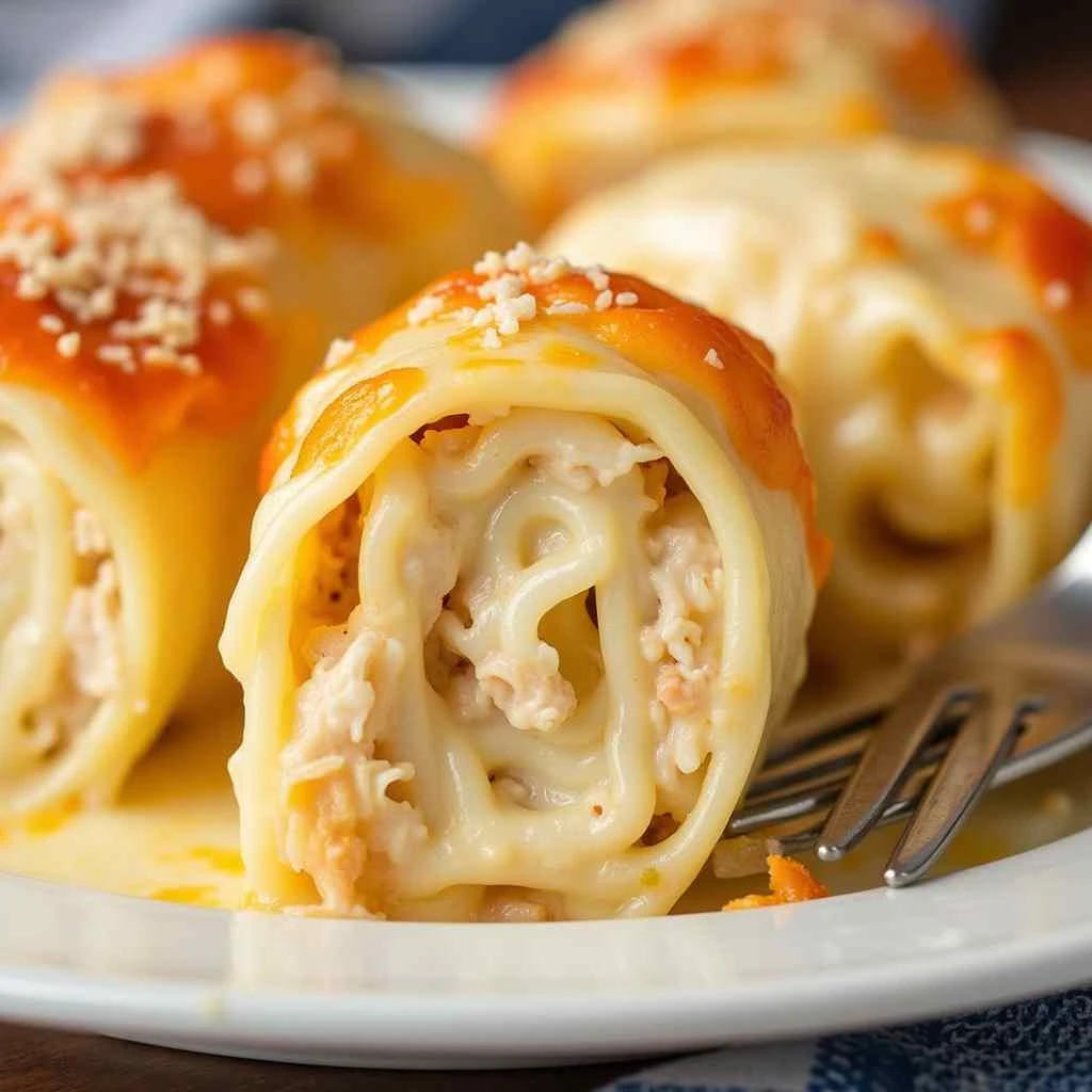 Layered chicken Alfredo lasagna rolls in a casserole dish ready to serve.
