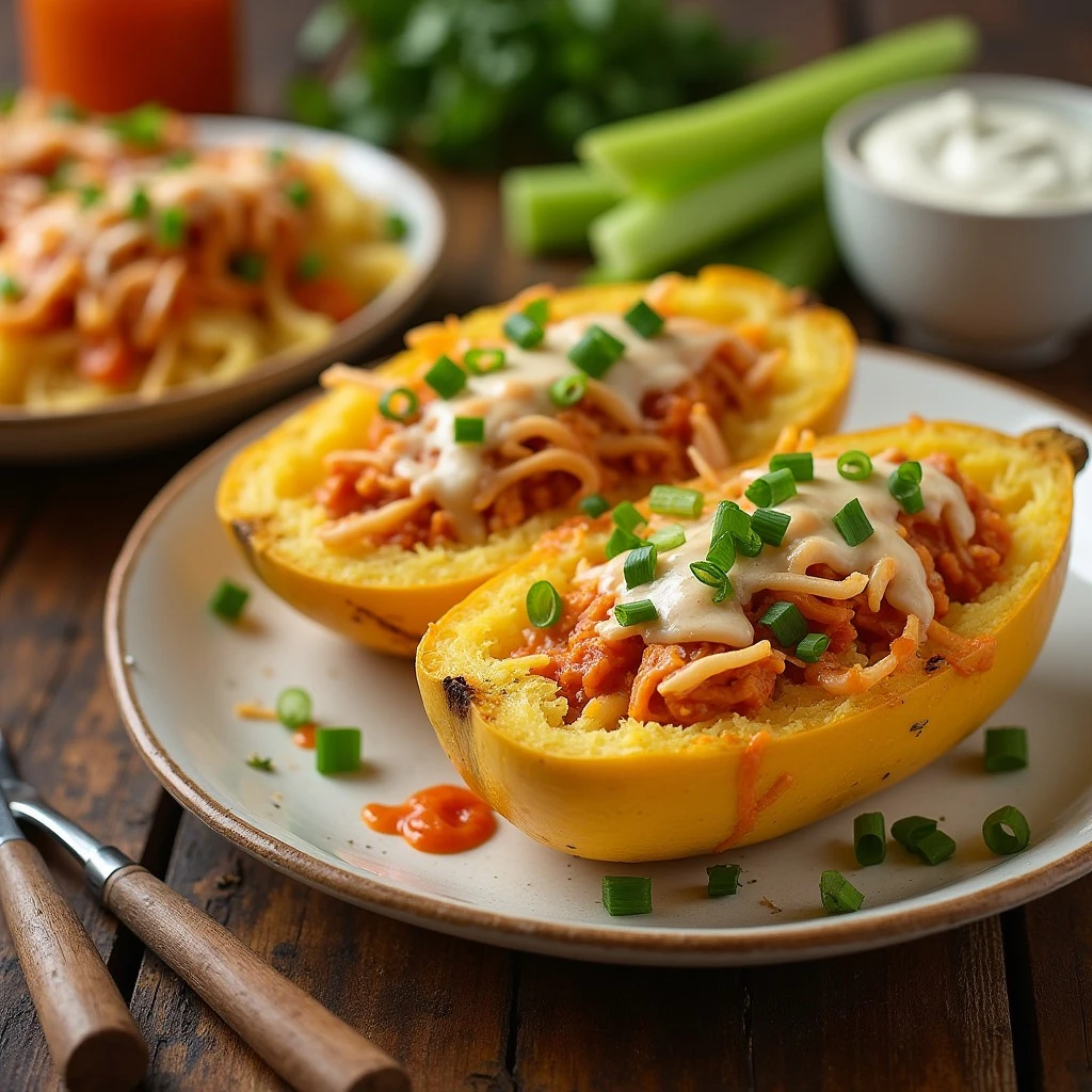 Baked spaghetti squash stuffed with tender buffalo chicken, topped with melted cheese and garnished with green onions.
