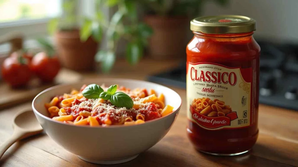 Classico Pasta Sauce jar with a plate of spaghetti
