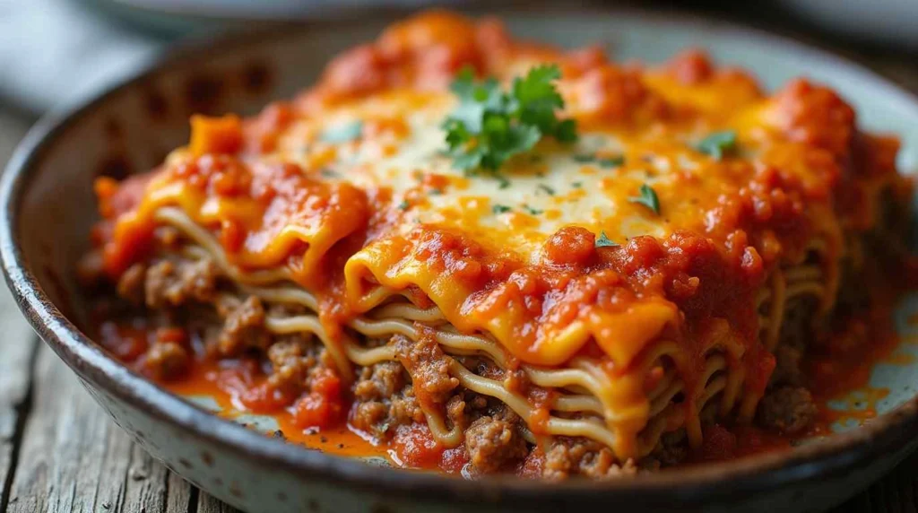 A slice of ramen lasagna showing layers of noodles, ground beef, and tomato sauce on a plate.
