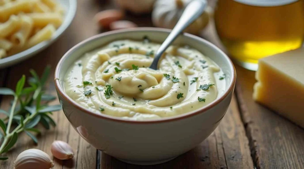 A creamy bowl of cottage cheese sauce garnished with fresh parsley, ready to serve with pasta.
