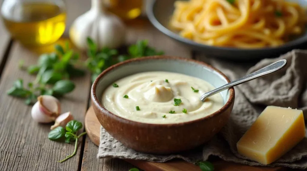 Healthy cottage cheese sauce poured over fettuccine, topped with Parmesan.