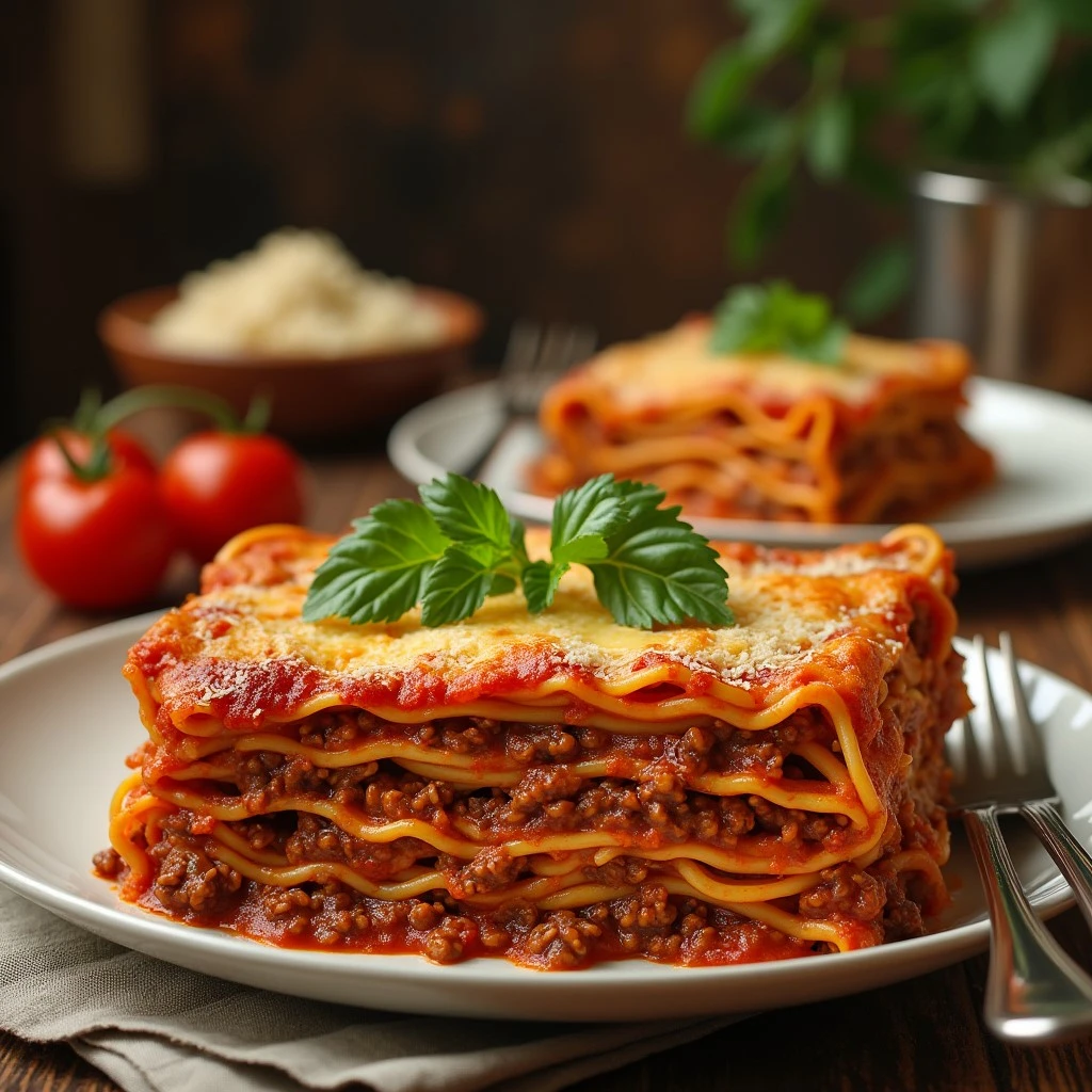A serving of ramen lasagna with ground beef on a white plate, garnished with fresh parsley.