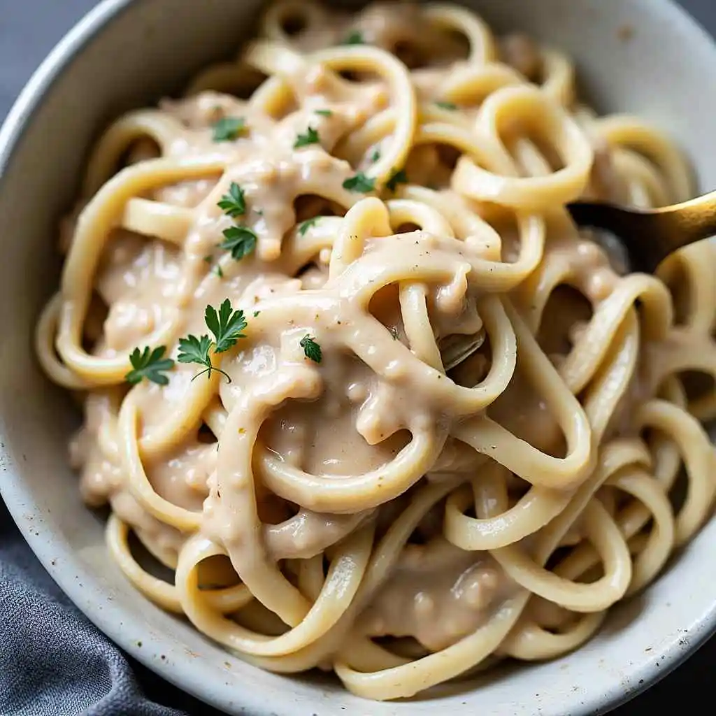 Creamy dairy-free Alfredo pasta sauce served over fettuccine noodles.
