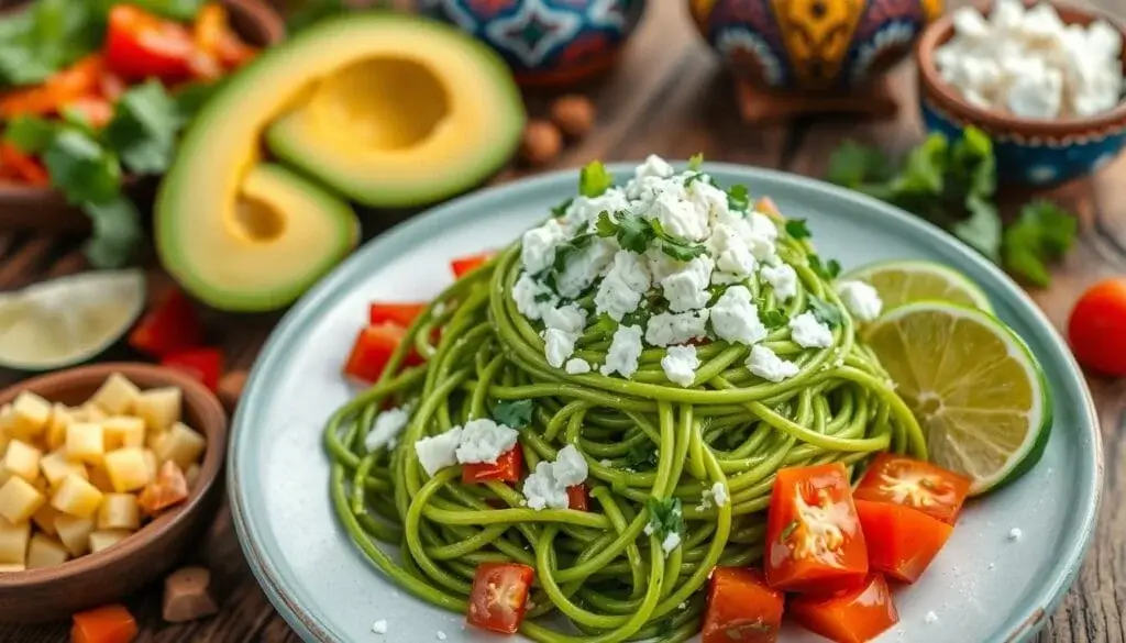 "Close-up of green Mexican spaghetti, Espaghetti Verde, coated in a rich poblano pepper sauce and sprinkled with cheese."
