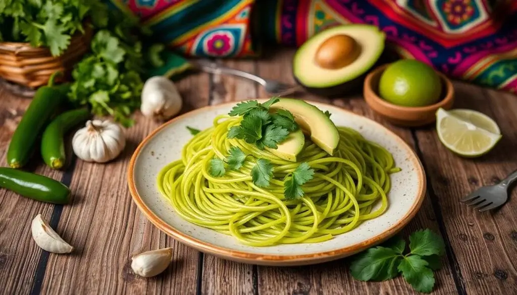 "Espaghetti Verde served in a white bowl, featuring its vibrant avocado-based green sauce and a sprinkle of cheese."
