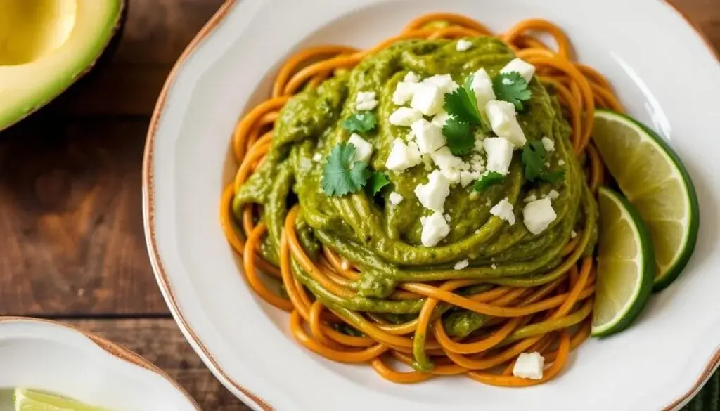 A plate of Mexican Espaghetti Verde with creamy green sauce, garnished with cilantro and served fresh for a flavorful meal.
