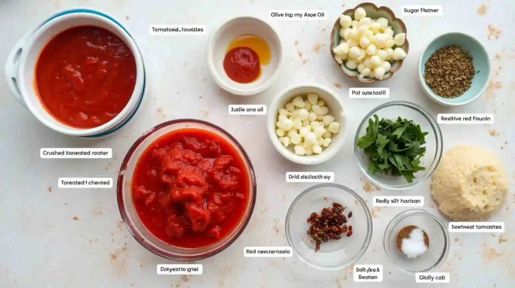 "Ingredients for gluten-free pasta sauce: fresh tomatoes, olive oil, garlic, and basil.
