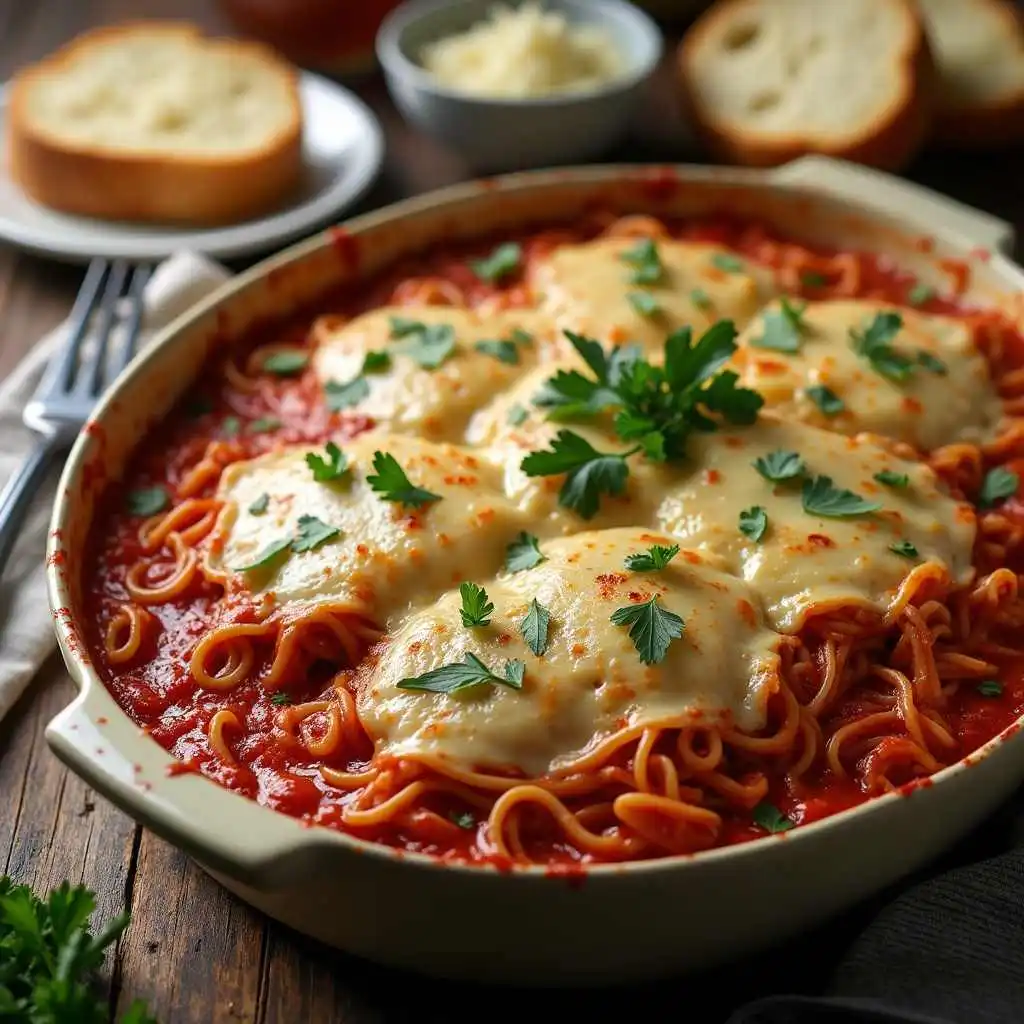 Hearty baked spaghetti with cream cheese filling and tomato sauce, served on a plate with fresh parsley garnish.
