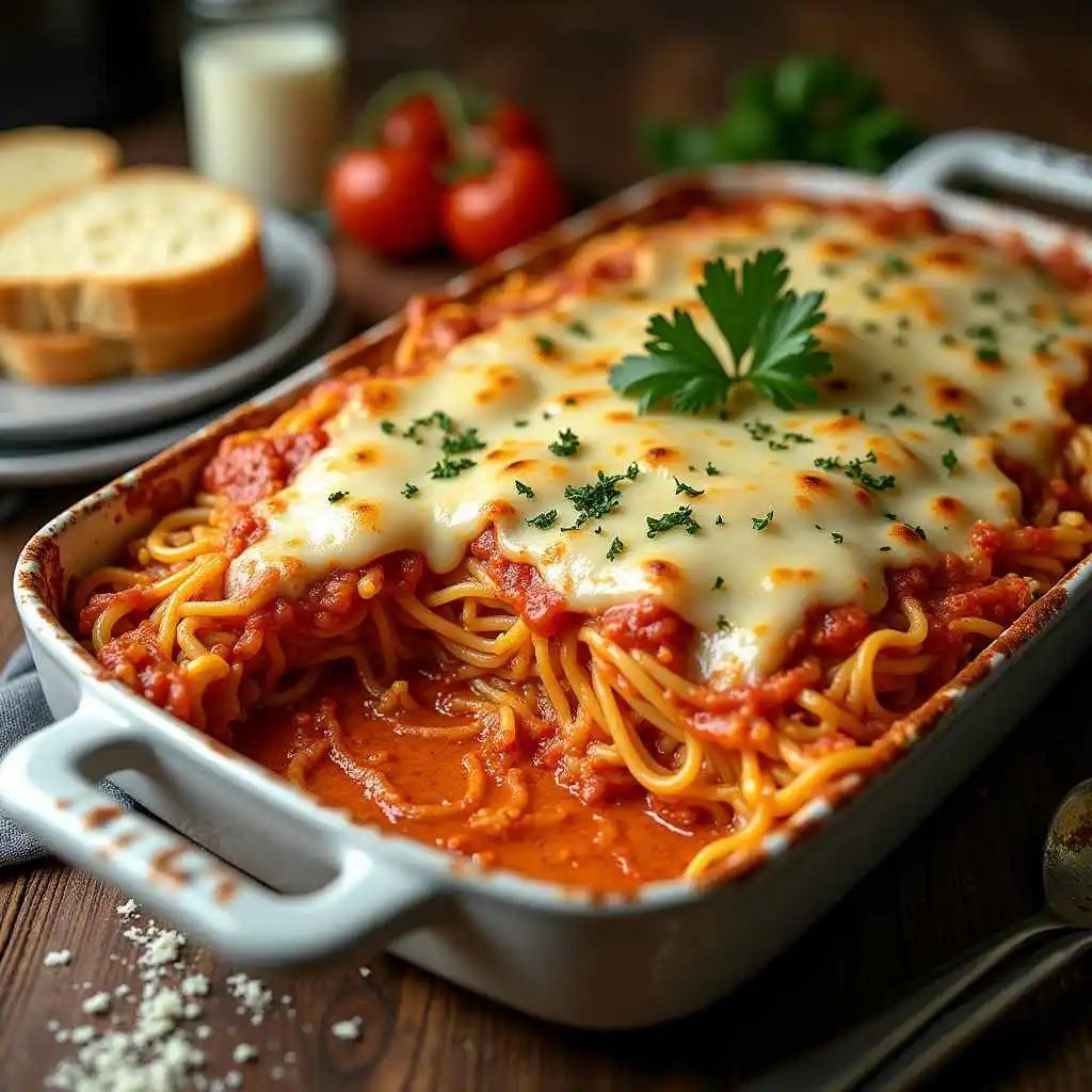 Layered baked spaghetti with a creamy cream cheese center, topped with golden, bubbly cheese in a baking dish.
