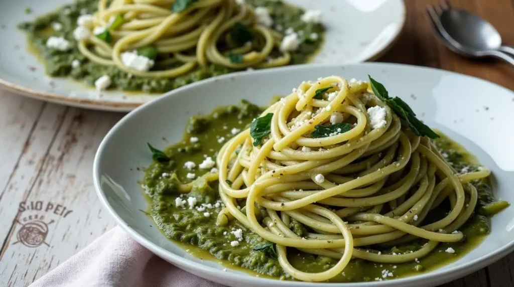 Two plates of green spaghetti recipe,with a creamy green sauce, topped with crumbled cheese and fresh herbs, served on white ceramic plates over a wooden surface