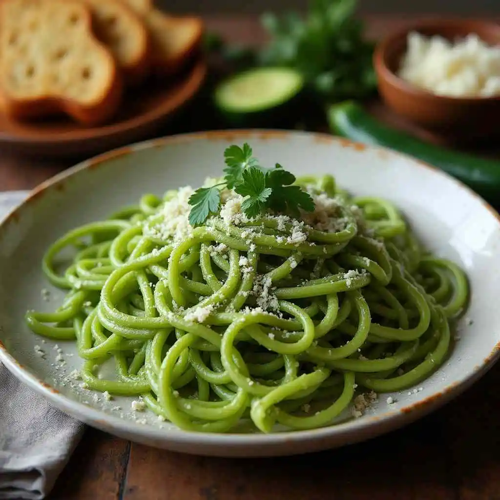 "Close-up of green spaghetti pasta served in a bowl with a creamy poblano pepper sauce and a sprinkle of herbs.
