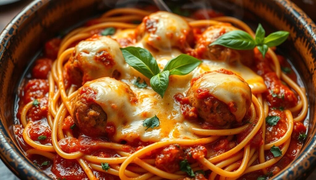 baked spaghetti and meatballs