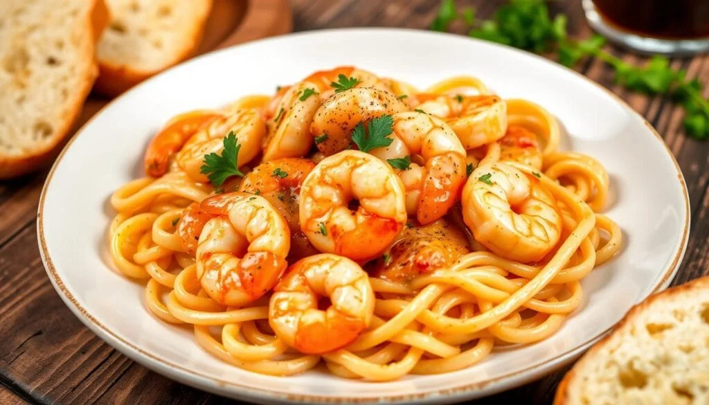 Plated creamy Cajun shrimp pasta, rich with creamy sauce and Cajun seasoning, ready to serve."
