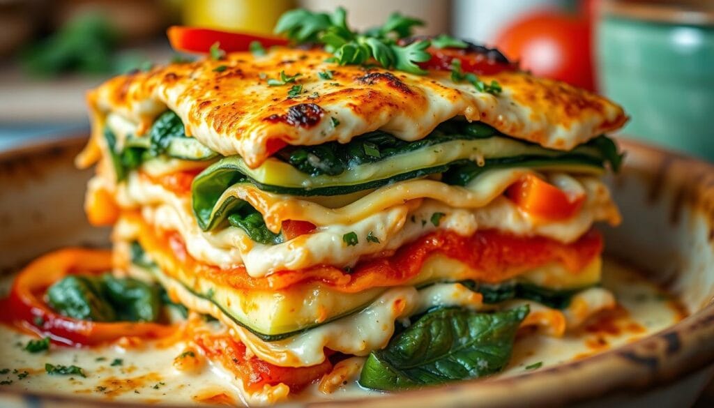 Sliced veggie lasagna  white sauce on a serving plate.