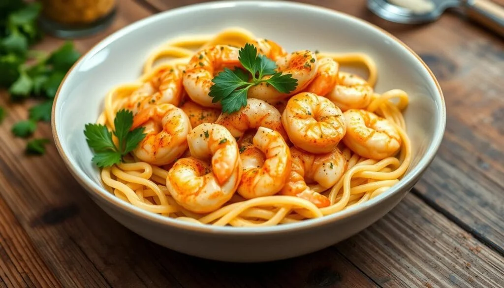 Ingredients for Cajun shrimp pasta: shrimp, pasta, spices, cream, and fresh herbs on a rustic wooden table.
