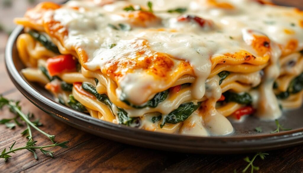 Sliced veggie lasagna white sauce on a serving plate.
