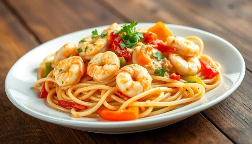 Close-up of spicy Cajun shrimp pasta with tender shrimp and creamy sauce on a white plate.