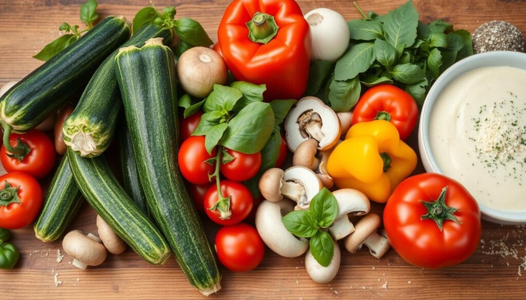 Fresh vegetables being chopped for a veggie lasagna with white sauce.
