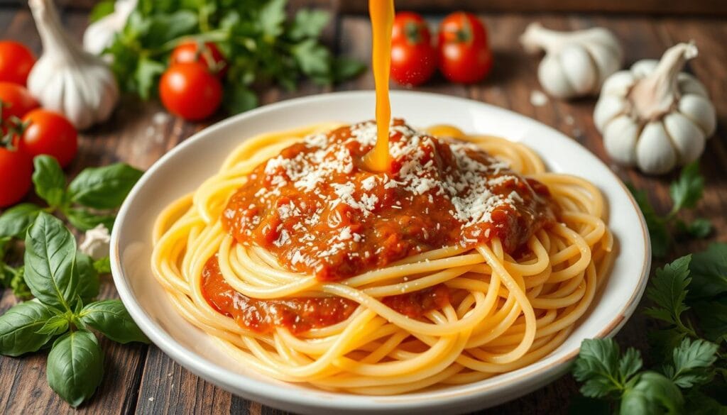 spaghetti with sauce made from garlic,basil and onion