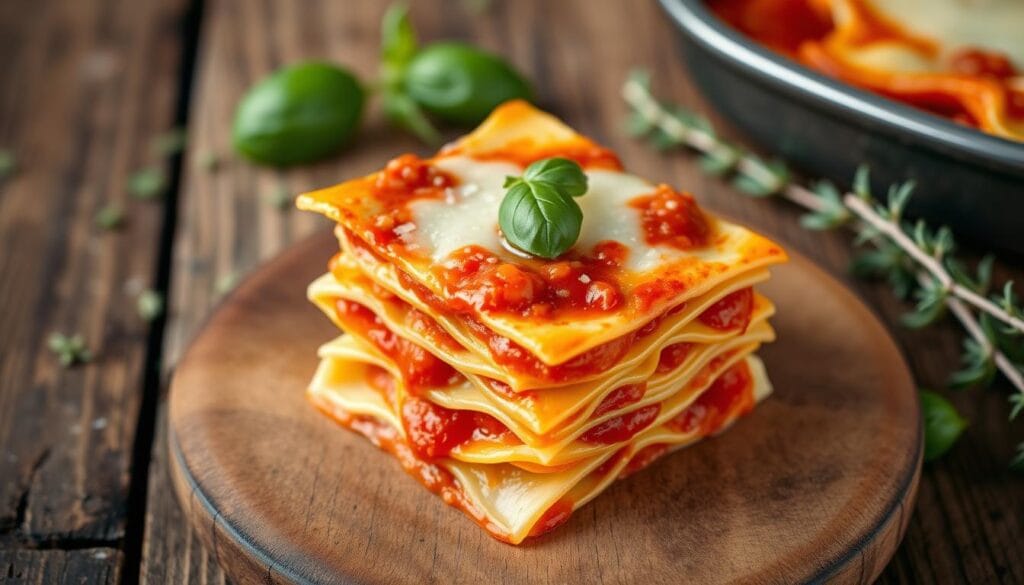 Mini lasagna pasta served in individual portions with layers of cheese, pasta, and sauce.