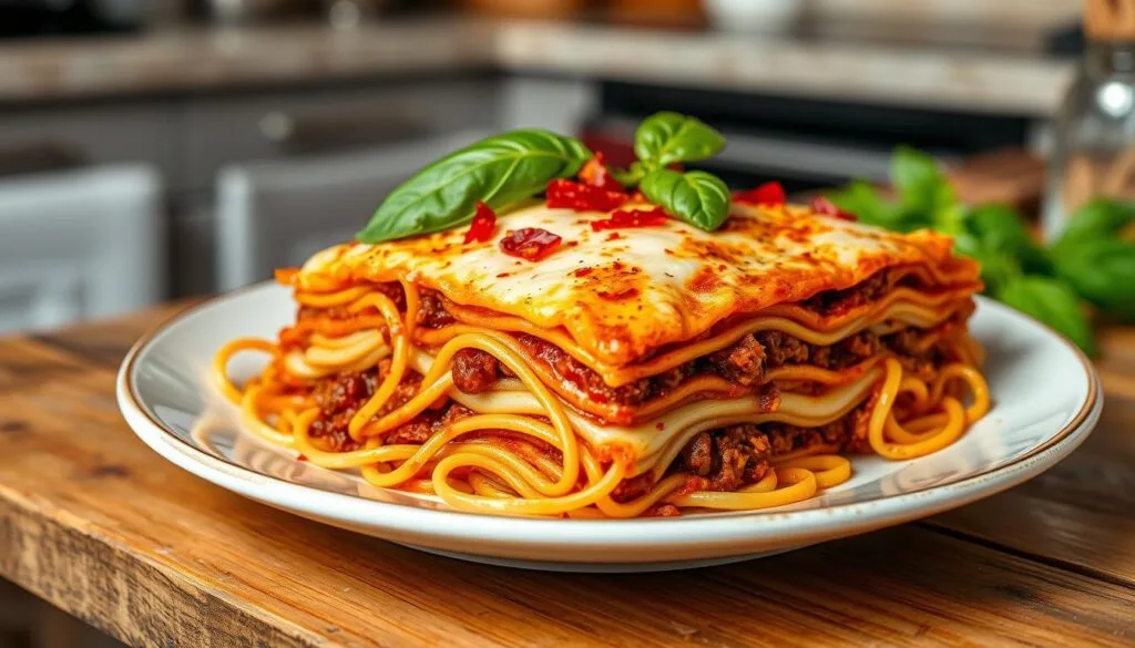 Layered ramen lasagna with melted cheese and savory meat sauce fresh out of the oven.
