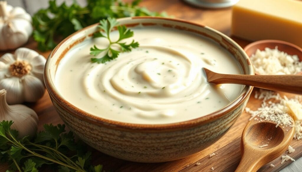 Velvety cottage cheese Alfredo sauce in a pot, with a wooden spoon for stirring, next to grated parmesan and garlic cloves.