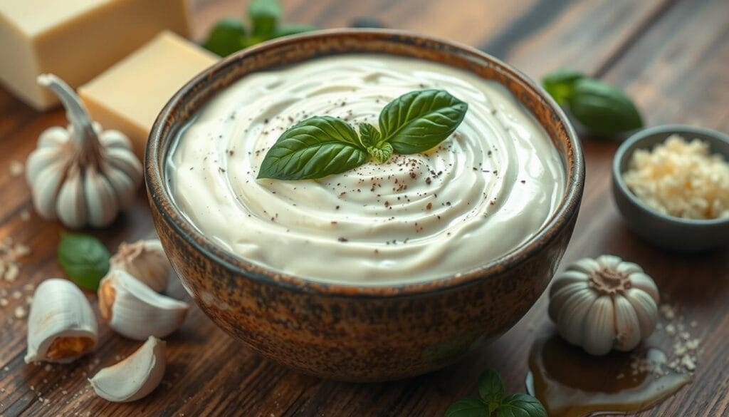 Homemade Alfredo sauce made with cottage cheese, poured into a serving dish and garnished with herbs.
