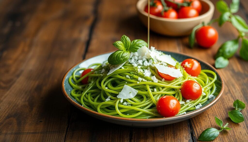 Delicious green spaghetti made with poblano peppers, garlic, and cream, served with a side of toasted bread.
