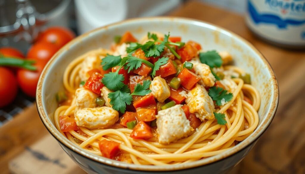 "Plate of creamy chicken spaghetti with Rotel tomatoes, shredded cheese, and a sprinkle of parsley for garnish.
