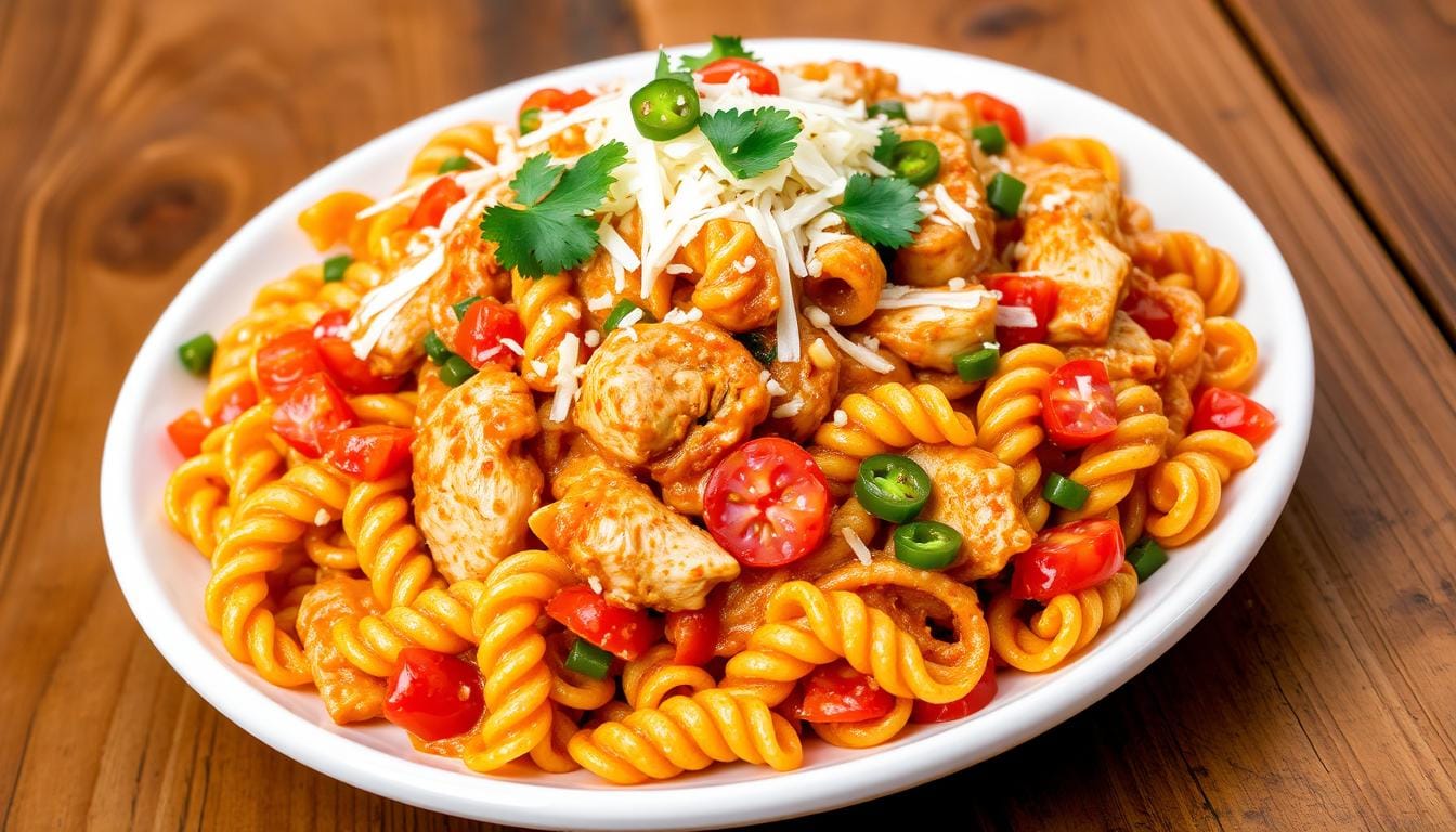 Cheesy Rotel chicken spaghetti recipe served in a casserole dish, topped with melted cheese and diced tomatoes, ready to be enjoyed.