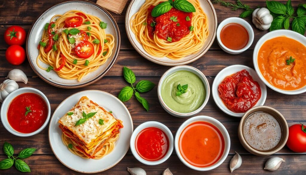 pasta and sauce recipes  variants on a table