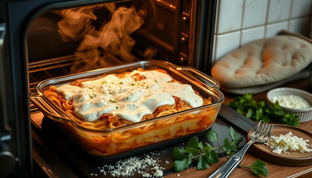 Creamy baked spaghetti dish featuring a rich layer of cream cheese, topped with bubbling melted cheese and served in a white casserole dish.
