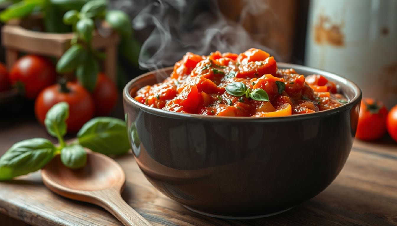 A jar of leftover spaghetti sauce surrounded by fresh tomatoes, garlic, and basil, ready for repurposing into new recipes.