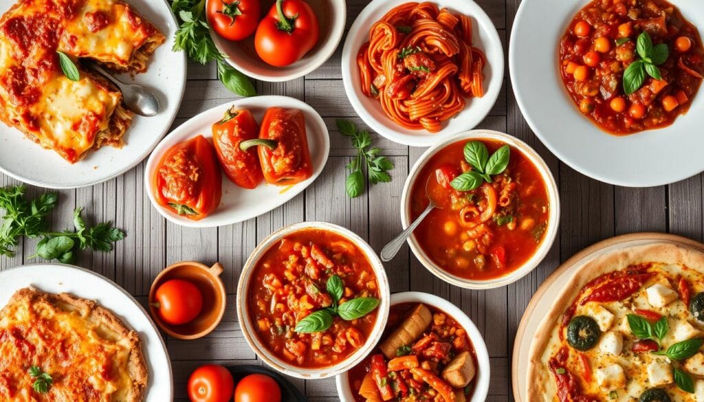 Creative uses for what to do with leftover spaghetti sauce, shown with a variety of dishes like pizza, chili, and stuffed peppers.