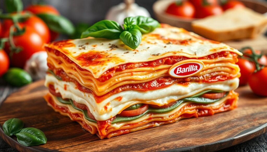 Close-up of Barilla lasagna with visible layers of creamy ricotta, marinara sauce, and perfectly cooked pasta sheets.
