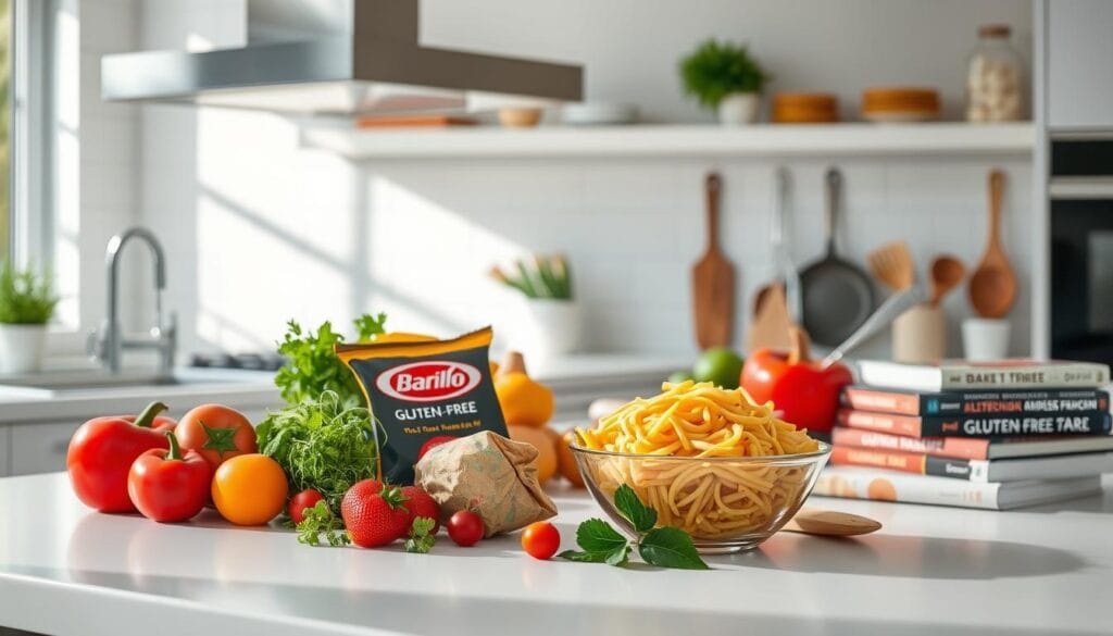 Box of Barilla gluten-free pasta displayed with fresh ingredients like tomatoes, garlic, and olive oil.
