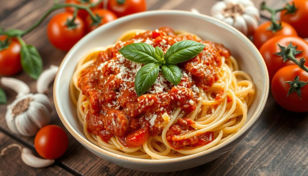 A jar of Mutti pasta sauce surrounded by fresh ingredients like tomatoes, garlic, basil, and olive oil on a rustic kitchen counter.