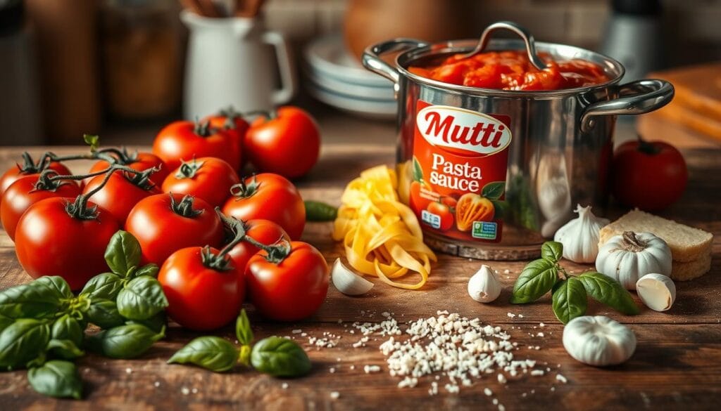 Close-up of Mutti tomato sauce jar with clear branding, surrounded by fresh Italian ingredients like garlic and olive oil.
