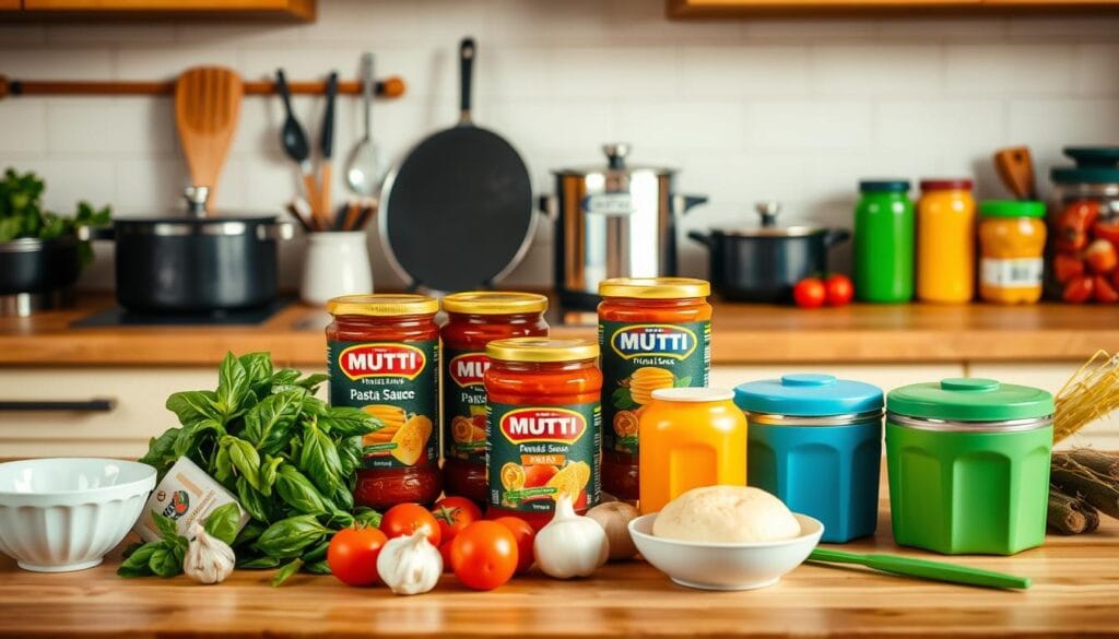 Mutti Marinara Sauce in its classic glass jar, styled with ripe tomatoes and a sprinkling of basil leaves nearby.
